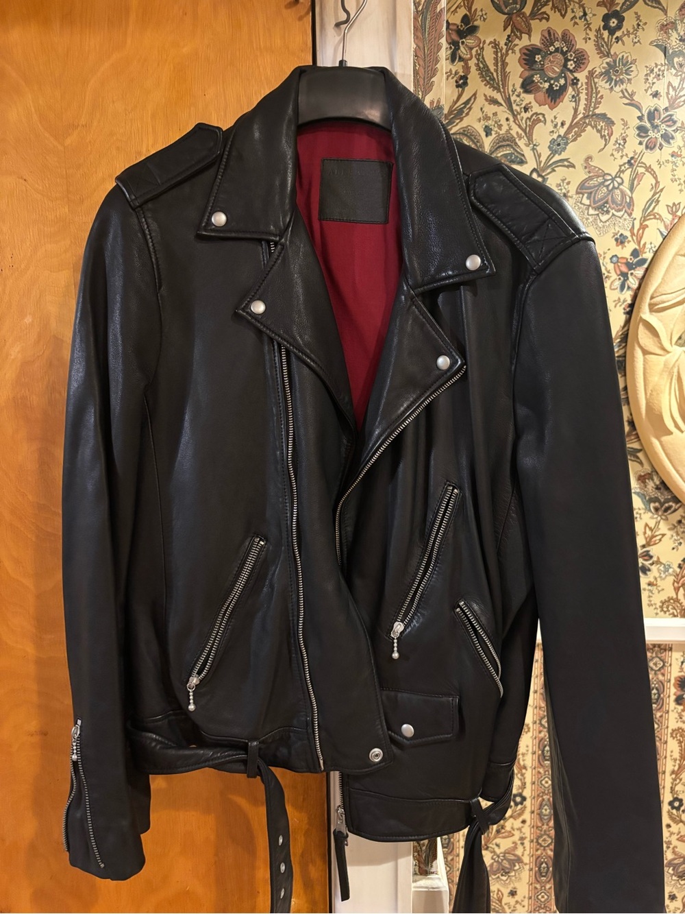 All Saints Black Leather Bomber with Red Lining